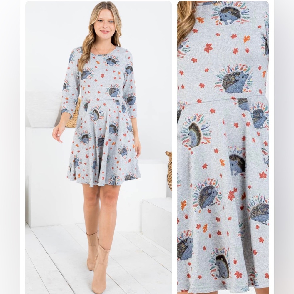 Hedgehog Print 3/4 Sleeves Sweater Dress With Pockets